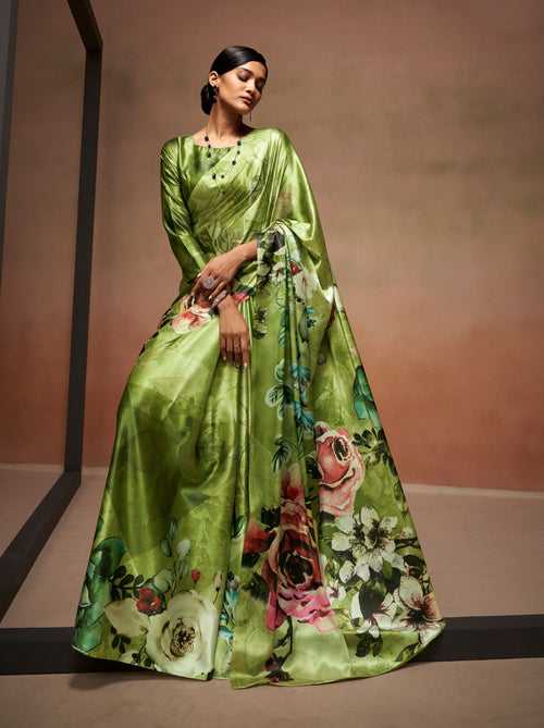 Moss Green Satin Silk Designer Saree