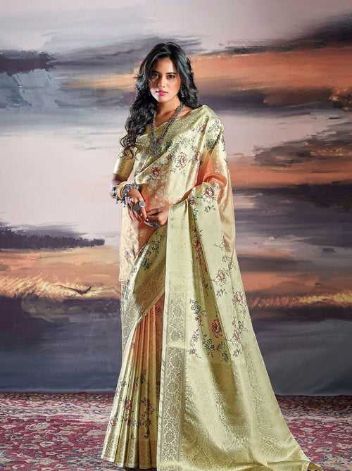 Tea Green Fine Satin Digital Silk Dual Tone Designer Saree