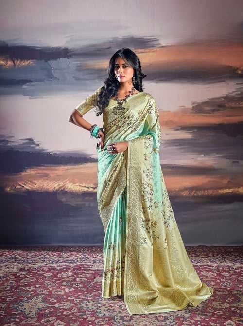 Turquoise Fine Satin Digital Silk Dual Tone Designer Saree