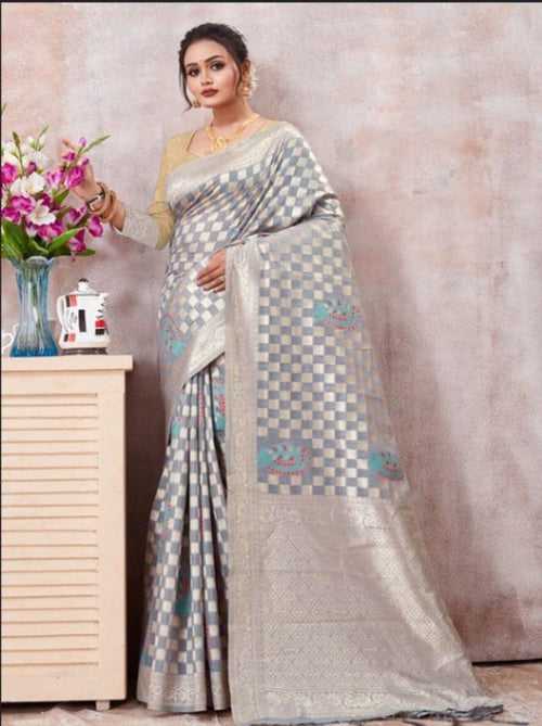 Grey Kota Cotton Silk Designer Saree
