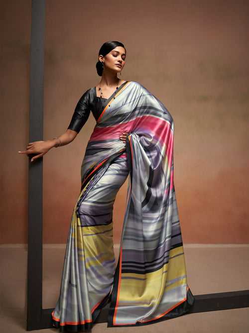 Lava Grey Satin Silk Designer Saree
