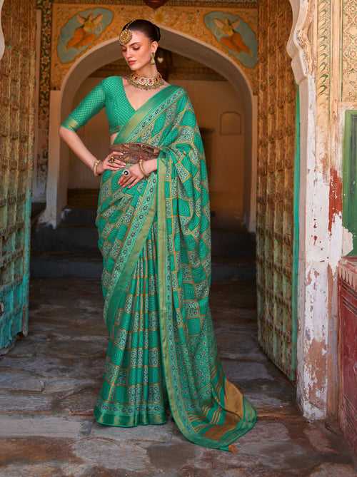 Jade Green Ajrakh Brasso Designer Saree