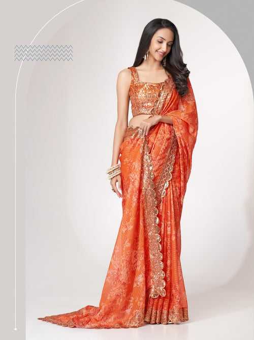 Orange Organza Digital Silk Sequin Saree