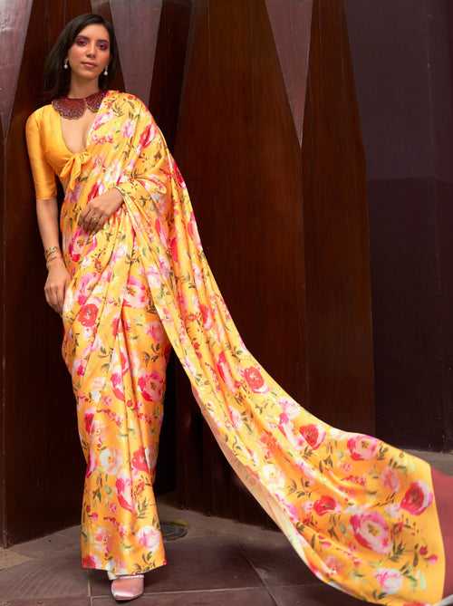Fire Orange Satin Silk Designer Saree