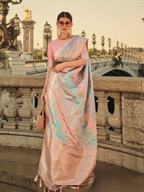 Pink-Blue Designer Satin Silk Blended Saree