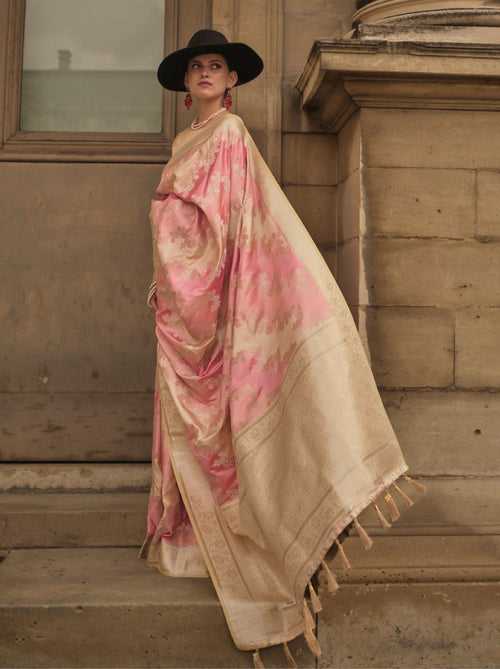 Flamingo Pink Designer Satin Silk Blended Saree