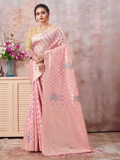 Pink Kota Cotton Silk Designer Saree
