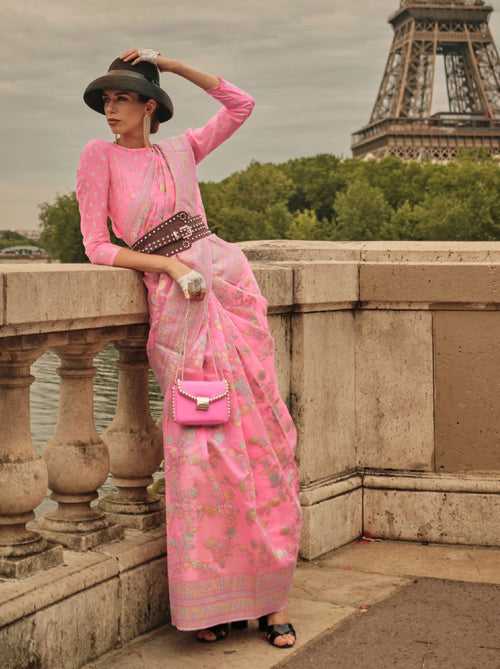 Pink Organza Kashmiri Designer Handloom Silk Saree
