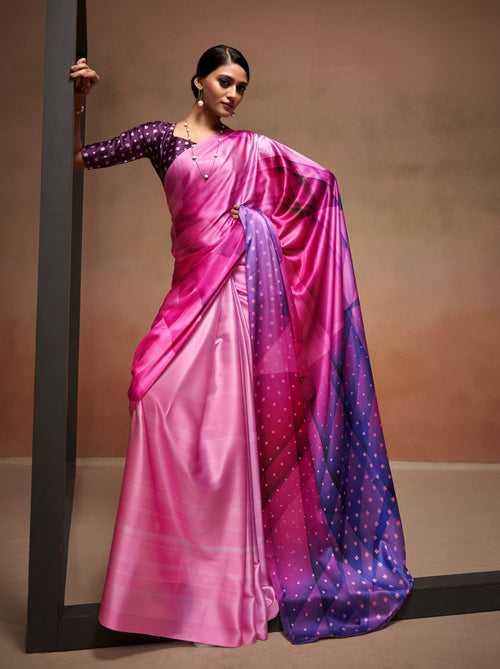 Magenta Pink Satin Silk Designer Saree