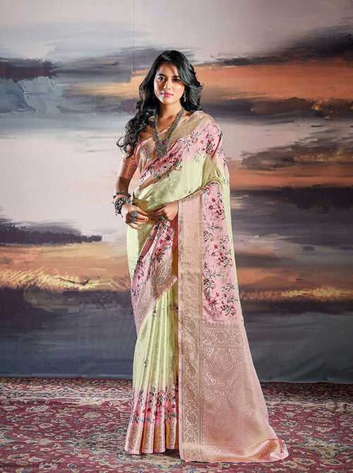 Flamingo Pink Fine Satin Digital Silk Dual Tone Designer Saree