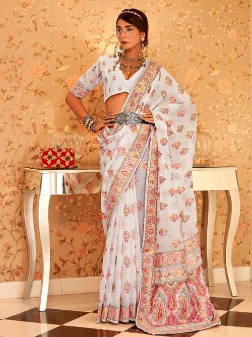 White Pashmina Silk Saree With Colorful Woven Motifs