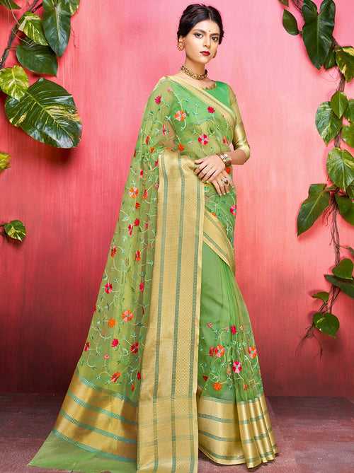 Fabulous Green Coloured Embroidered Organza Saree