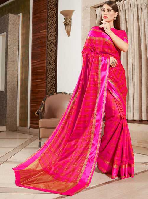 Pretty Pink Coloured Silk Checkered Saree