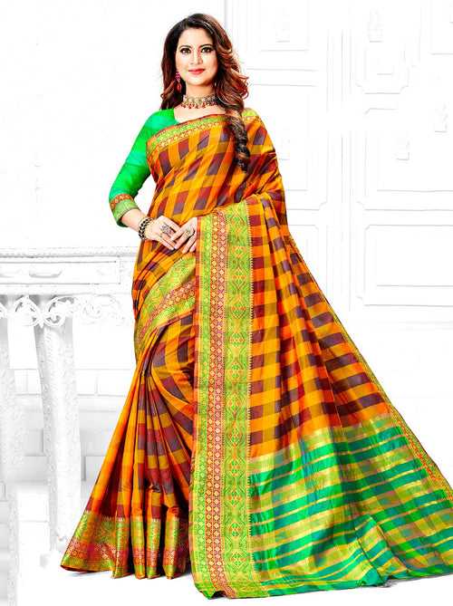 Flamboyant Cotton Blend Checkered Saree In Orange