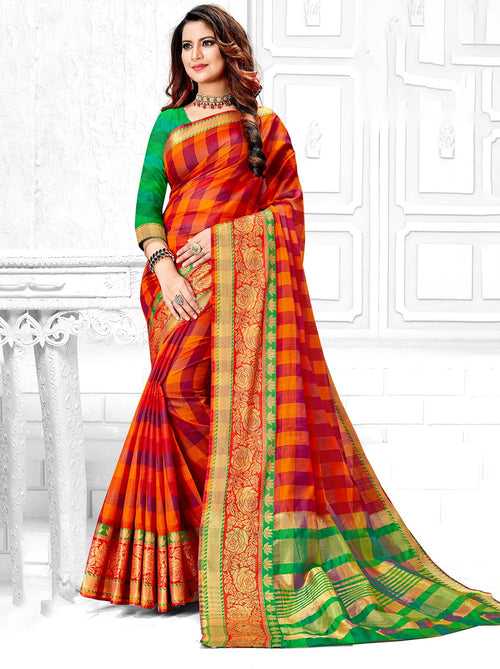 Lovely Cotton Blend Checkered Saree In Red