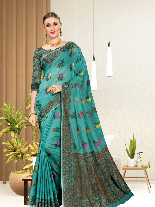 Gleaming Cotton Blend Saree In Green
