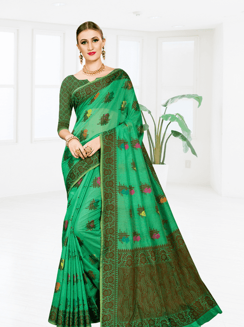 Glamorous Cotton Blend Saree In Green