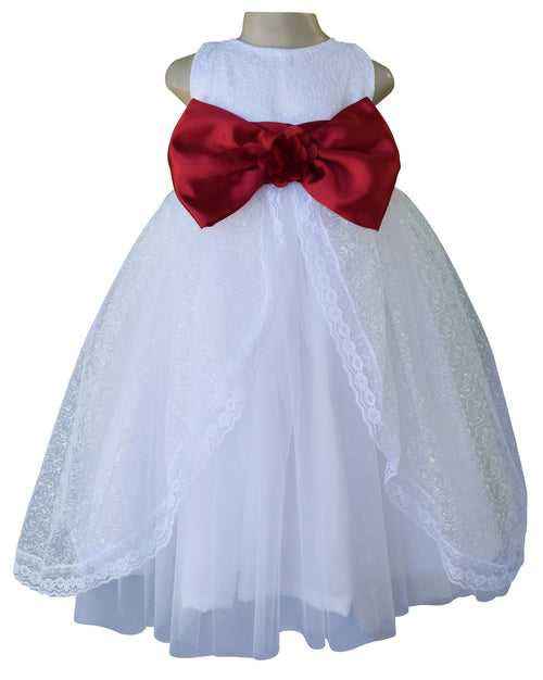 Faye White Embroidered Gown with Maroon Bow & Sash