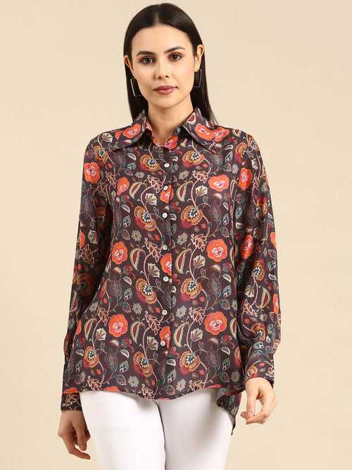 Brown Floral Printed Muslin Shirt - ASST079