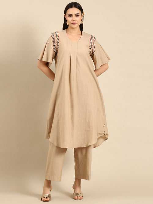 Beige Cotton Pleated Aline Dress - AS0647