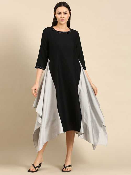 Black Cotton Silk Panel Dress - AS0663