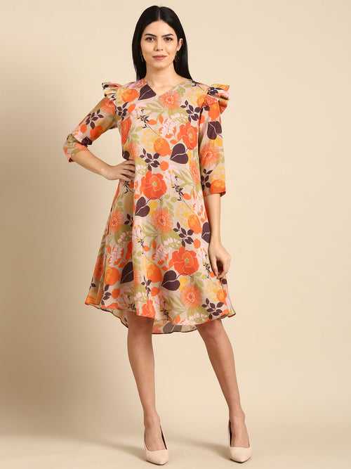 Orange Beige Mulsin Digital Print Dress - AS0674