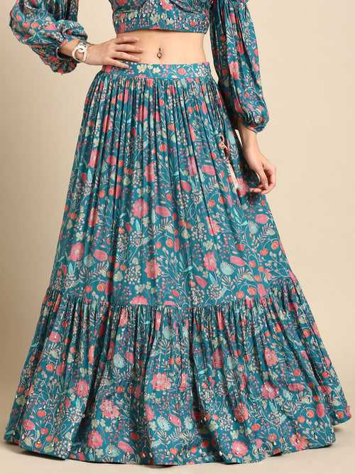 Blue Pink Muslin Digital Print Lehenga - ASL025