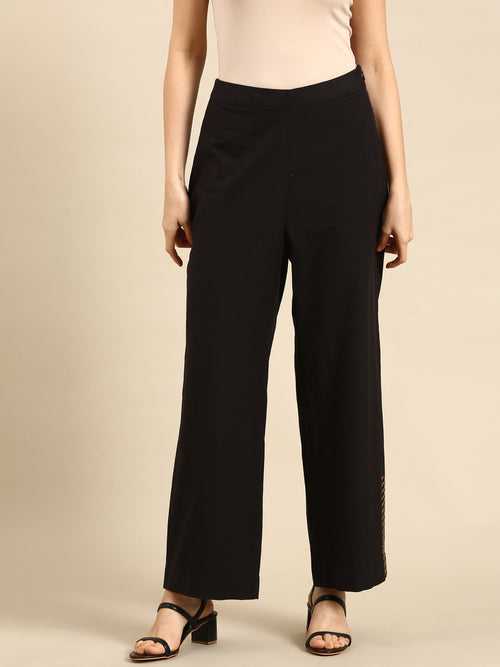 Black Cotton Embroidered Pant - ASPL037