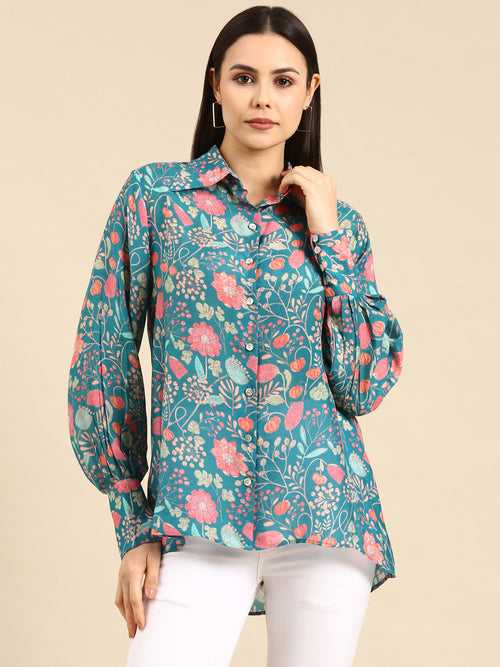 Blue Pink Printed Muslin Shirt - ASST078