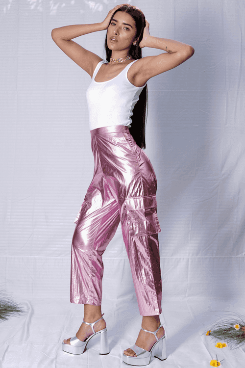 Metallic light pink foil pants