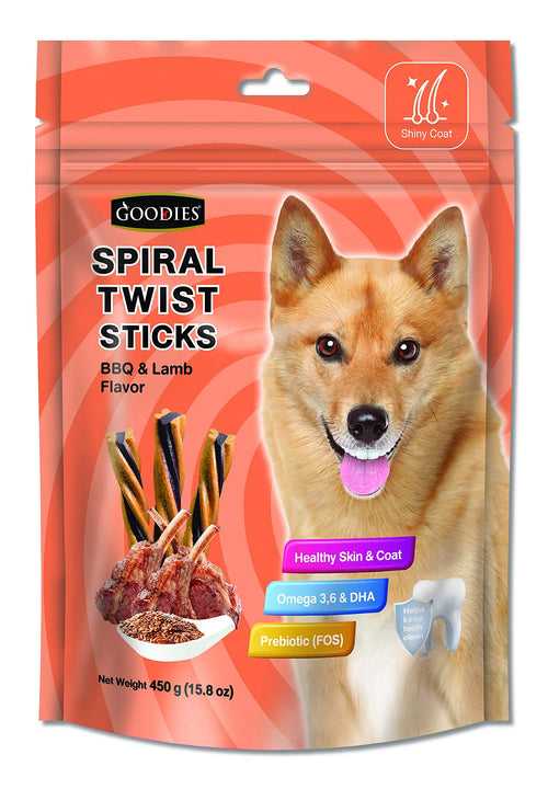 Goodies Dog Energy Treats Spiral Twist Stick Chicken BBQ & Lamb Flavor 98% Healthy Snack & Training Treat, Best for Dog (1 x 450g) with Free Jerhigh Milky Stick 20g (Newly Launched) Sold by DogsNCats