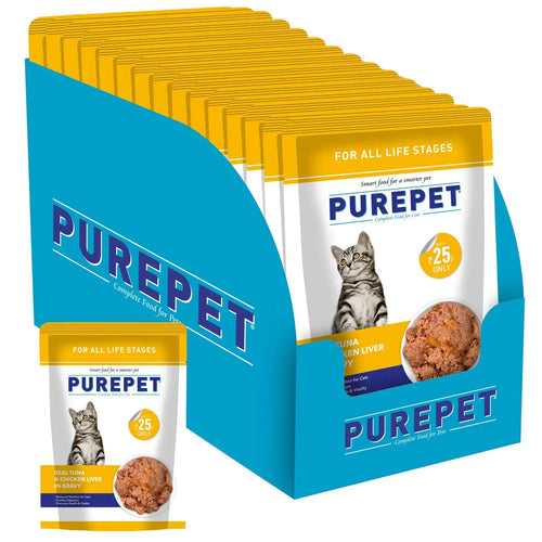 PUREPET All Life Stages Wet Cat Food, Real Tuna And Chicken Liver In Gravy, 15 Pouches (15 X 70G), 1 Count