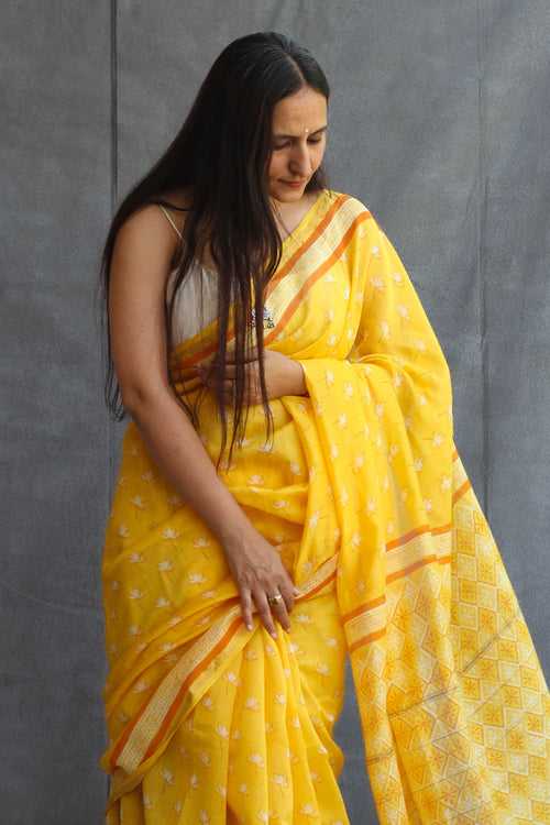 Yellow Chanderi Zari Border Saree