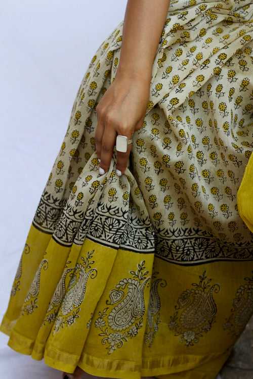 Bagru Print Yellow Border Saree