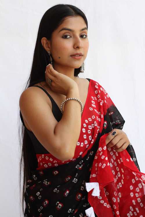 Bandhni Cotton Saree : Black Red Color
