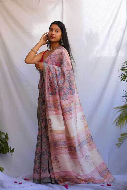 Grey Maheshwari Blockprint Saree