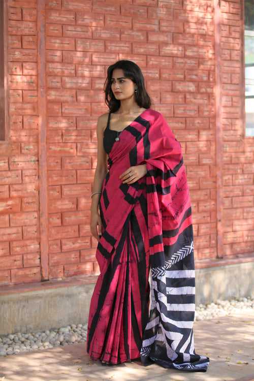 Pink Block Print Cotton Saree