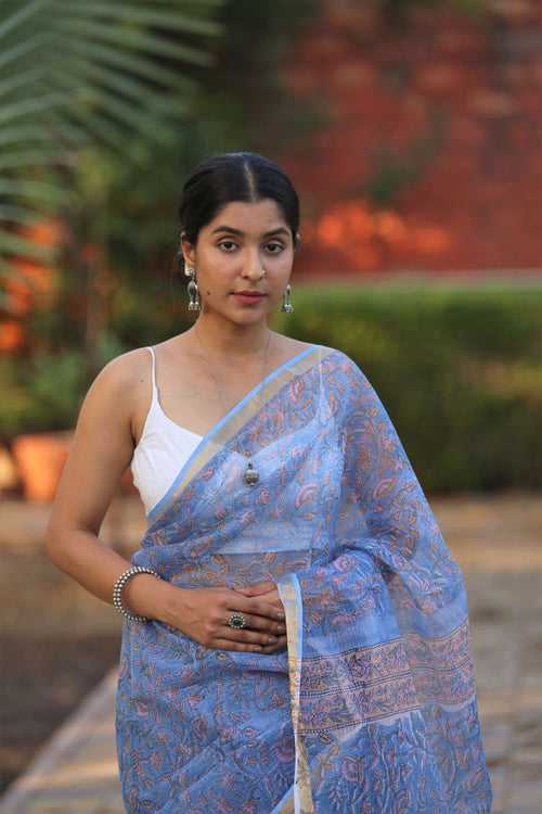 Blue Block print Saree