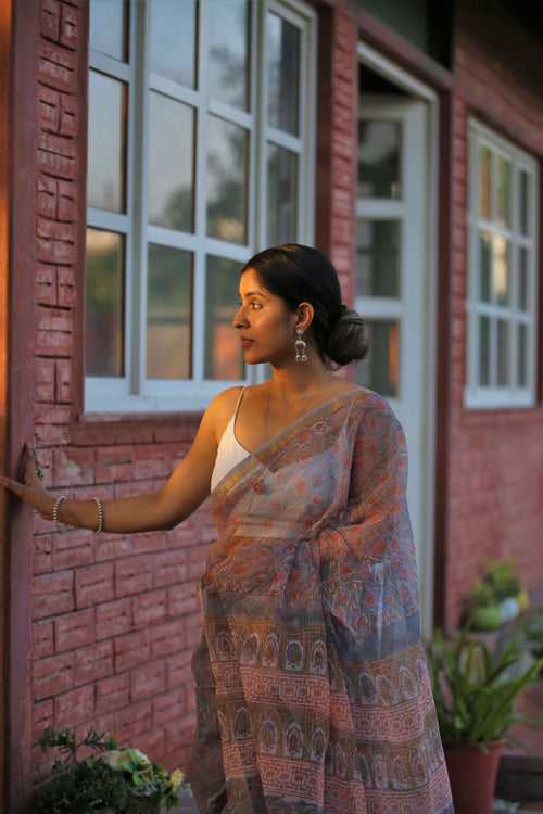 Grey Peach Block print Saree