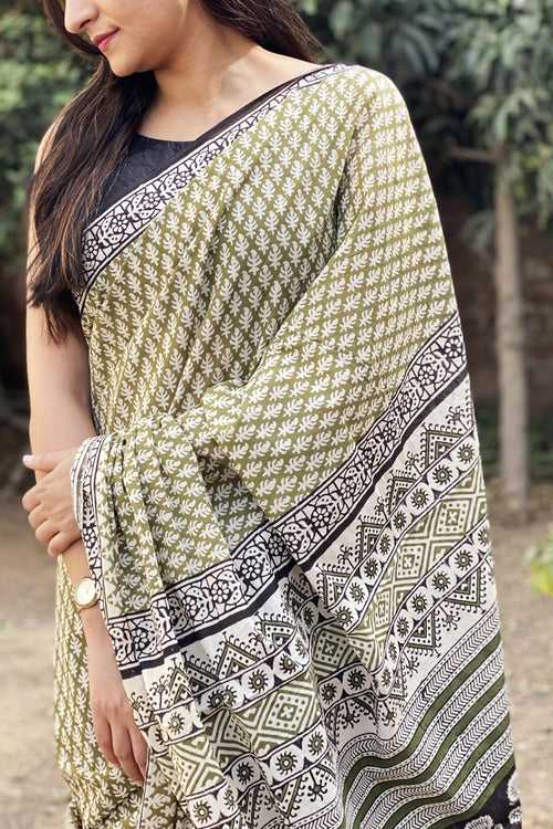 Green Bagru Print Cotton Saree