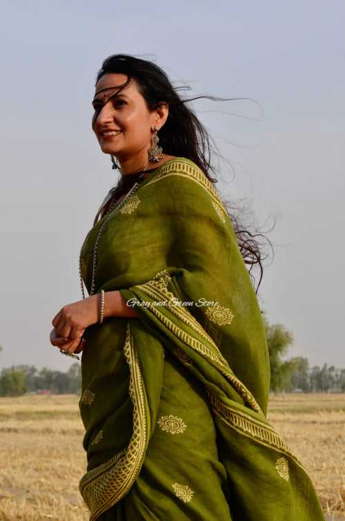 Mehndi Rang Block Printed Pure Linen Saree