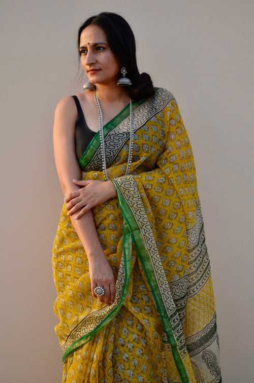 Yellow Bagru Print Kota Doriya with Zari Border