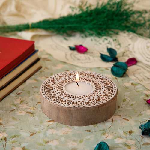 Wooden Hand-Carved Round Block Tea Light Holder