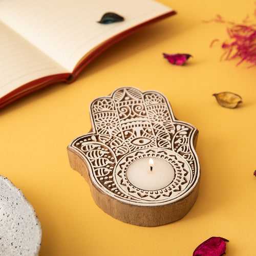 Wooden Hand-Carved Hamsa Block Tea Light Holder