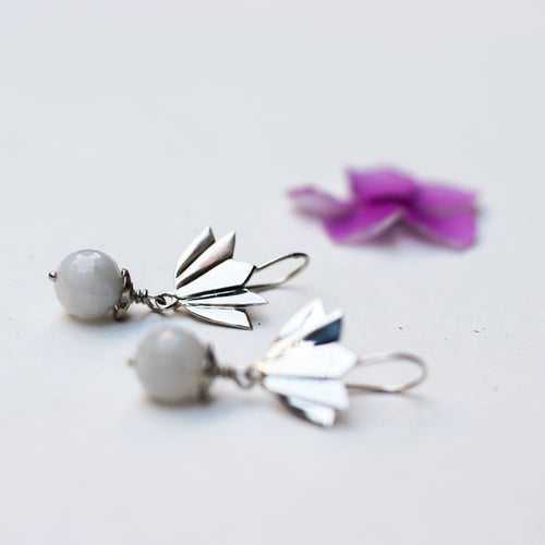 Silver Earring Lotus with Moonstone Bead