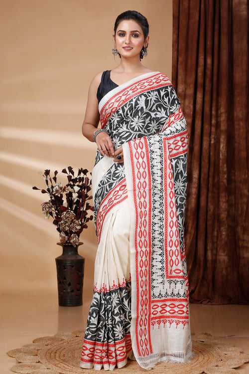 Pure Tussar Silk Kantha Stitch Saree SN202415246