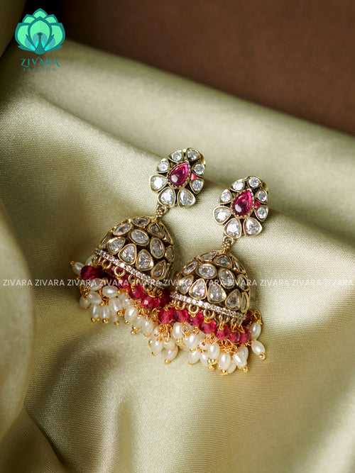 Ruby - Polki stone medium size jhumka (2 INCHES) - TRADITIONAL PREMIUM  JHUMKA- latest jewellery collection- zivara fashion