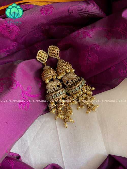 PASTEL GREEN - HEAVY AND LONG AD stone ELEPHANT jhumka (3 TO 3.5 INCHES)- CZ matte Earrings- Zivara Fashion