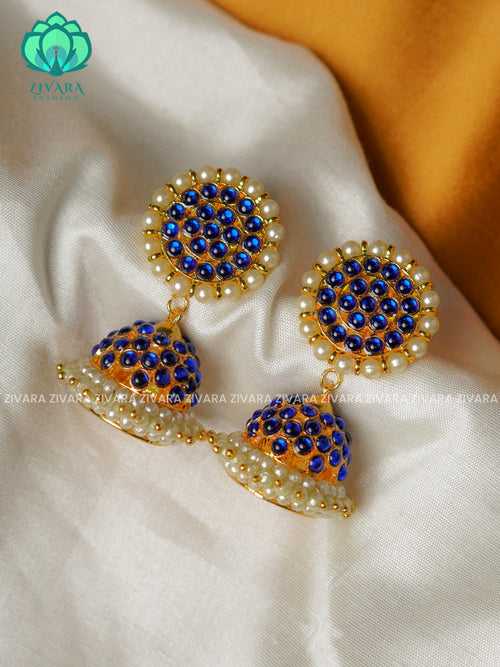 BLUE -TRADITIONAL KEMP FOUR  LINE STONE JHUMKA - latest kemp dance jewellery collection