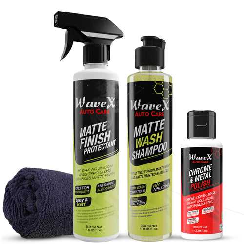 Matte Finish Protectant Bike Polish 350ml | Matte Polish for Bike Combo, Consists of WaveX Matte Wash Shampoo, Matte Finish Maintainer, Microfiber Cloth & Chrome & Metal Polish 100ml